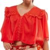 Women's Sexy Low Cut Chiffon Shirt  3/4 Sleeve V Neck Sheer Button Down Blouse Cute Ruffle Lace Trim Top