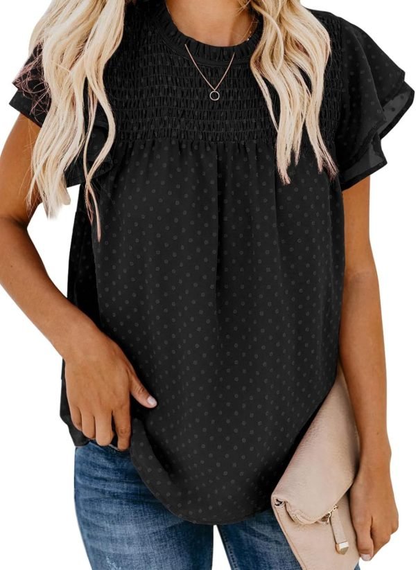716FFt68w4L._AC_SL1500 Womens Crewneck Lace Crochet Pom Pom Flowy Short Sleeve Casual Shirts Blouses Tops