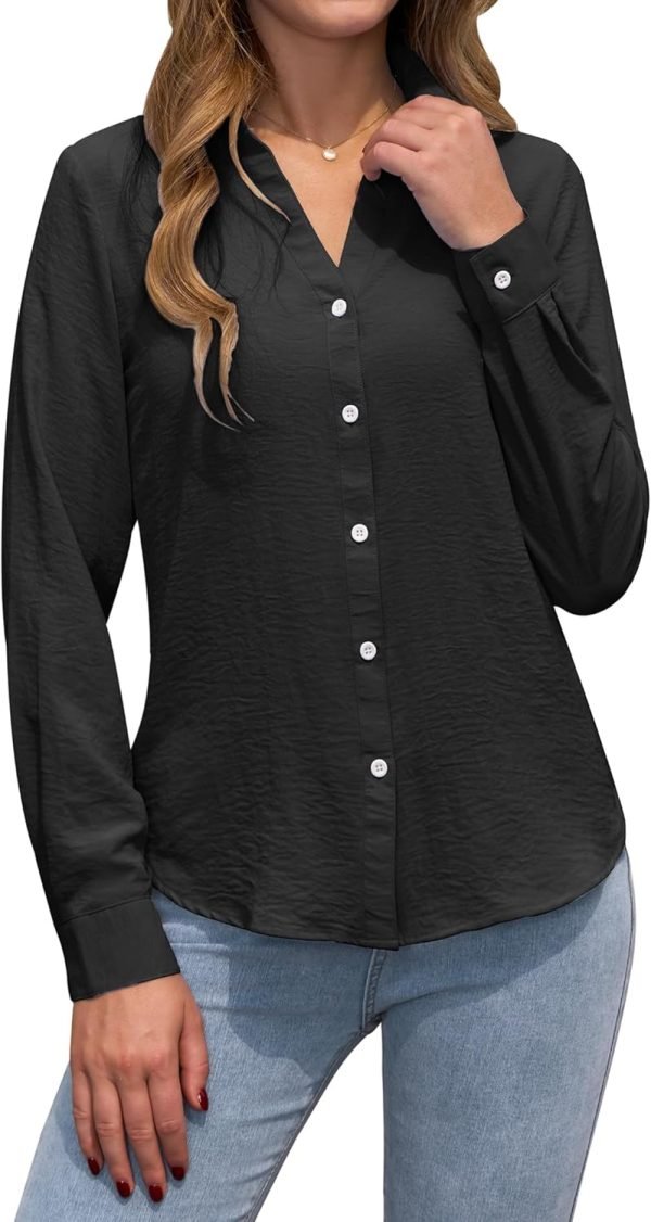 Womens Button Down Shirts Long Sleeve V Neck Collared Blouses Office Work Tops Chiffon Dressy Casual Shirts