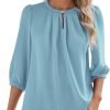 V Neck Puff 3/4 Length Sleeve Womens Tops Dressy Casual Chiffon Work Blouses Pleated T-Shirts Loose Fit S-XXL