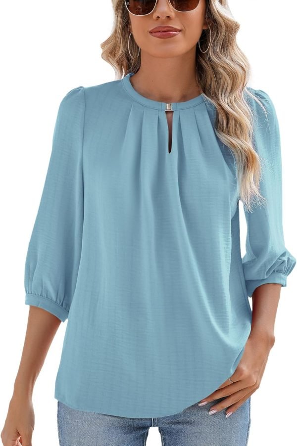 V Neck Puff 3/4 Length Sleeve Womens Tops Dressy Casual Chiffon Work Blouses Pleated T-Shirts Loose Fit S-XXL