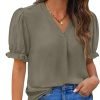 Women Dressy Casual Puff Short Sleeve Summer Tops V Neck Work Blouses