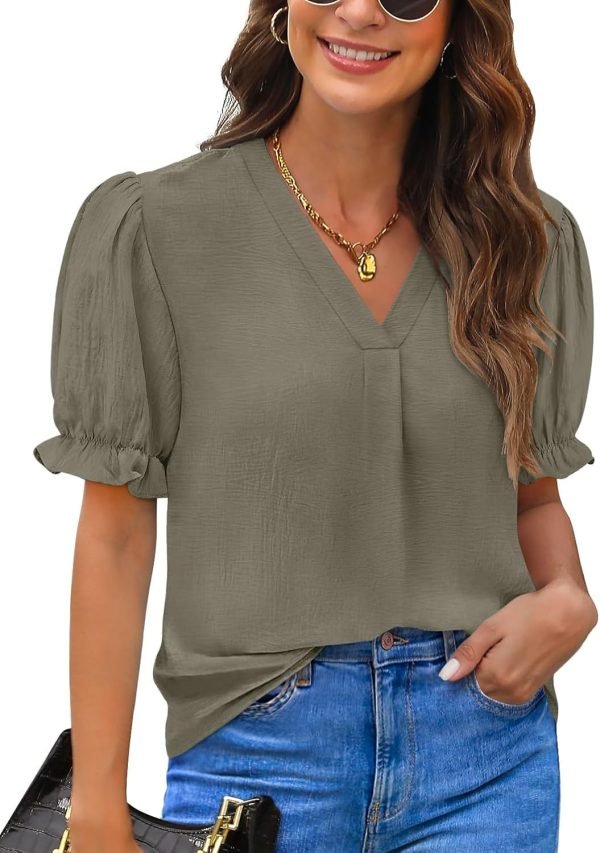 716RpSOaEhL._AC_SL1500 Women Dressy Casual Puff Short Sleeve Summer Tops V Neck Work Blouses