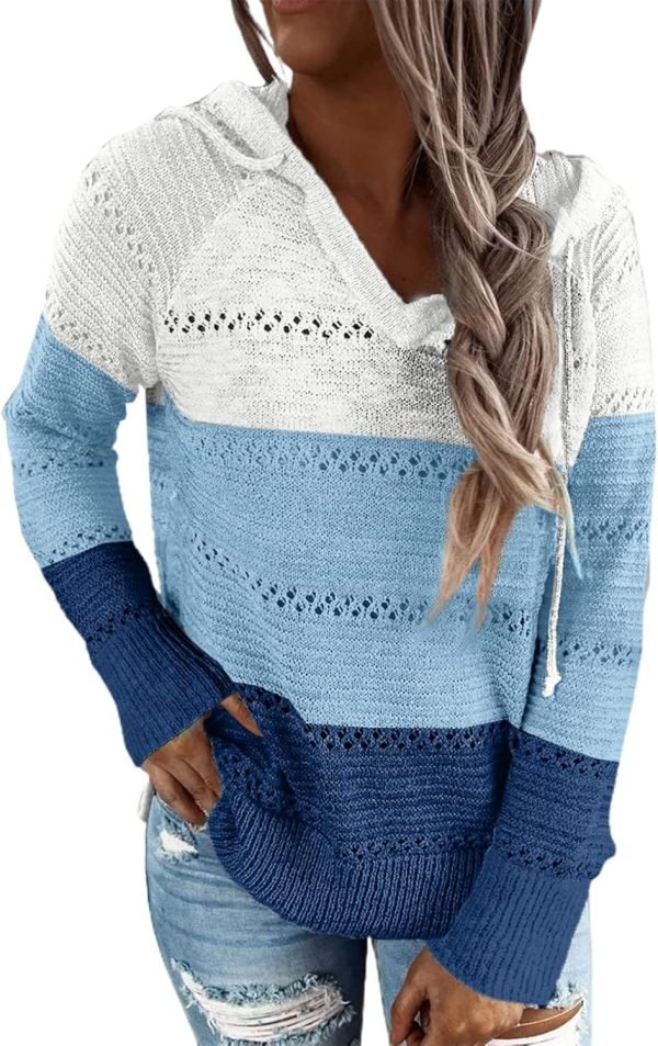 Women Color Block Hooded Crochet Striped Sweaters Lightweight Drawstring Hoodies Pullover Trendy Sweatshirts