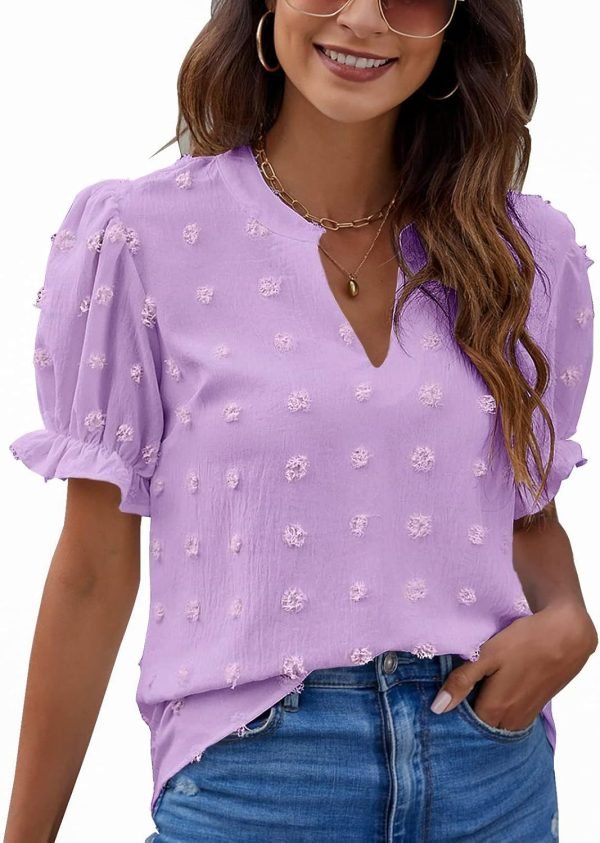 716zwigkriL._AC_SL1500 Womens Puff Sleeve Summer Tops Chiffon Short Sleeve Blouses White V Neck Pom Pom Shirts
