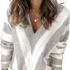 Womens 2024 Deep V Neck Sweaters Striped Long Sleeve Knit Pullover Sweaters for Women