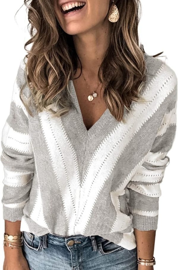 717h5jLeRdS._AC_SL1500 Womens 2024 Deep V Neck Sweaters Striped Long Sleeve Knit Pullover Sweaters for Women