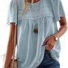 Womens Summer Tops Crewneck Short Sleeve Shirts Casual Chiffon Blouses Flowy Lace Hem Boho Clothing Trendy 2024