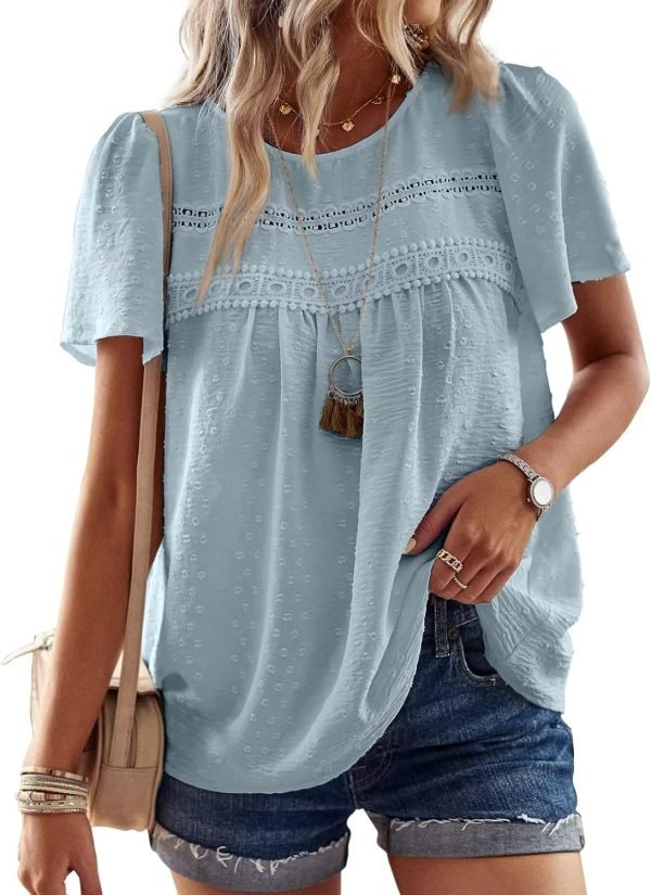 717tdd4JShL._AC_SL1500 Womens Summer Tops Crewneck Short Sleeve Shirts Casual Chiffon Blouses Flowy Lace Hem Boho Clothing Trendy 2024