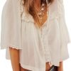 Women's Sexy Low Cut Chiffon Shirt  3/4 Sleeve V Neck Sheer Button Down Blouse Cute Ruffle Lace Trim Top