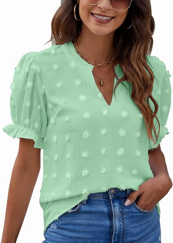 718YvVDcJgL._AC_SL1500 Womens Puff Sleeve Summer Tops Chiffon Short Sleeve Blouses White V Neck Pom Pom Shirts
