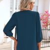 V Neck Puff 3/4 Length Sleeve Womens Tops Dressy Casual Chiffon Work Blouses Pleated T-Shirts Loose Fit S-XXL