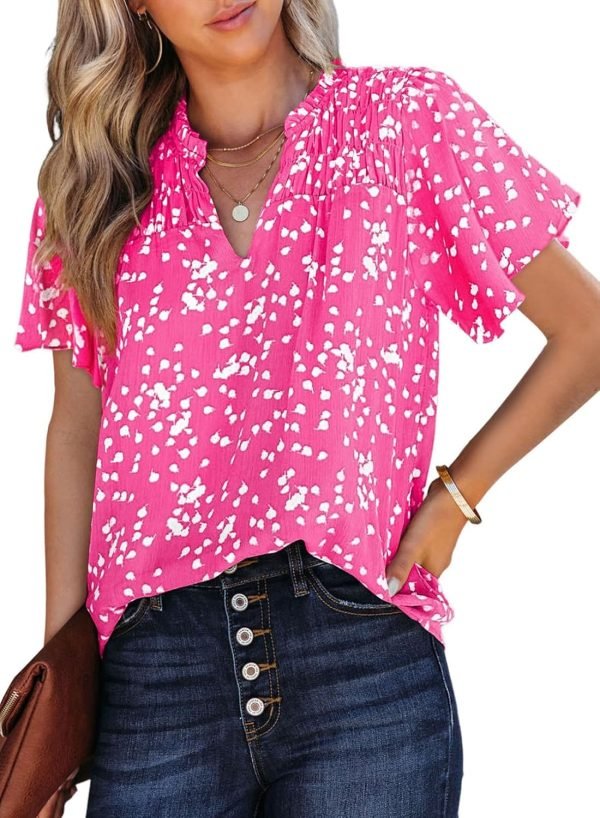 718pmW6dphL._AC_SL1500 Women's Casual V Neck Floral Print Smocked Short Sleeve Chiffon Blouses Bohemian Top Shirts