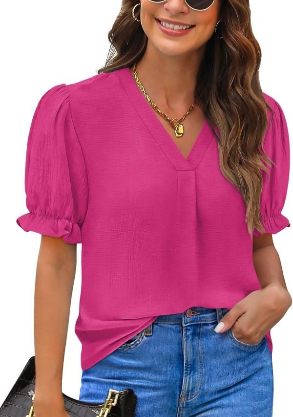 7194pXDyxaL._AC_SL1500 Women Dressy Casual Puff Short Sleeve Summer Tops V Neck Work Blouses