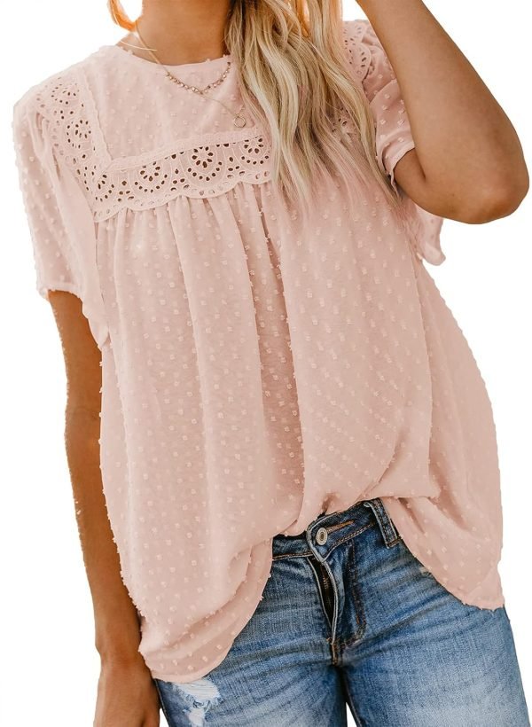 719CHNiOqyL._AC_SL1500 Womens Crewneck Lace Crochet Pom Pom Flowy Short Sleeve Casual Shirts Blouses Tops