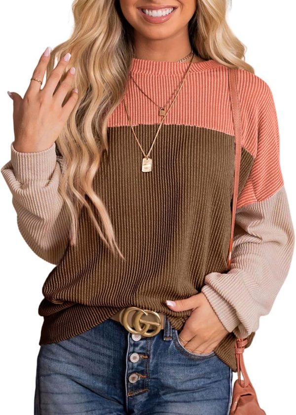 719SPspcPEL._AC_SL1500 Womens Fashion 2024 Color Block Long Sleeve Crewneck Knitted Casual Loose Pullover Shirts Tops