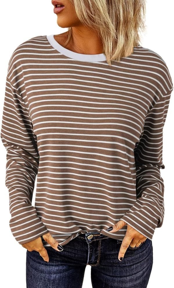 Women's Casual Striped Long Sleeve Tops Crew Neck Knit Ribbed Basic T Shirts