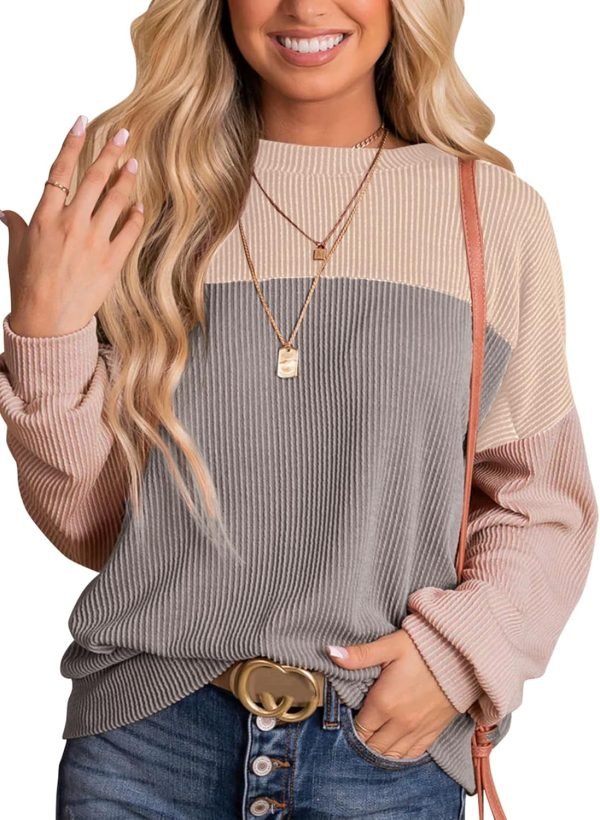 71A6eke-0cL._AC_SL1500 Womens Fashion 2024 Color Block Long Sleeve Crewneck Knitted Casual Loose Pullover Shirts Tops