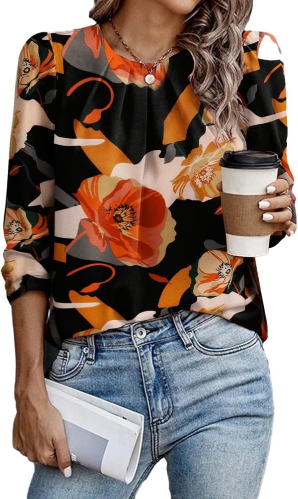Womens Tops Dressy Casual Pleated Crew Neck Long Sleeve Shirts Office Work Chiffon Blouses