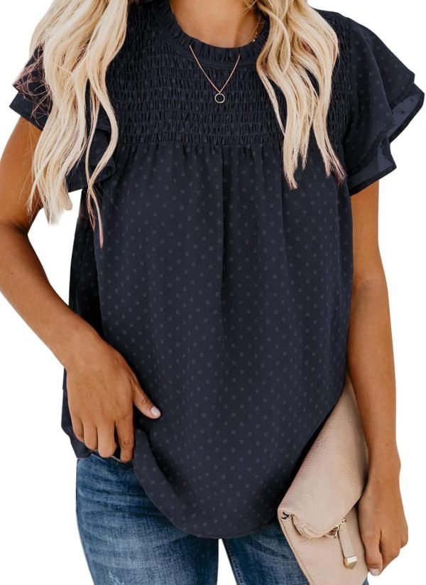 71Ahjd6OQxL._AC_SL1500 Womens Crewneck Lace Crochet Pom Pom Flowy Short Sleeve Casual Shirts Blouses Tops