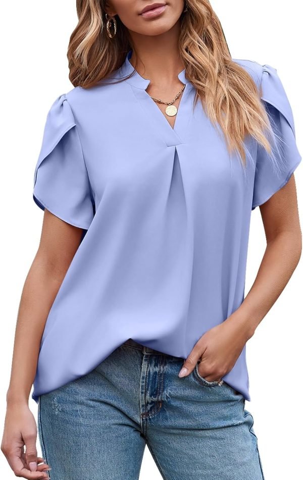 71AiShhm1YL._AC_SL1500 Women's Dressy Casual Business Work Chiffon Blouses Tops Summer V Neck Cute Loose Petal Short Sleeve T-Shirts
