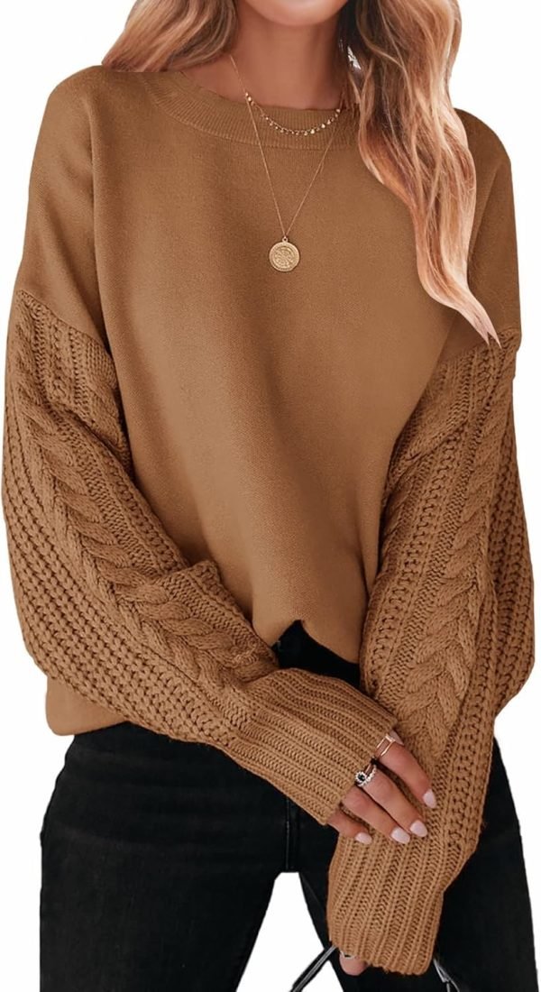 71BNVh2d3LL._AC_SL1500 Women's 2024 Fall Long Sleeve Crew Neck Solid Color Cable Knit Chunky Casual Oversized Pullover Sweater Tops
