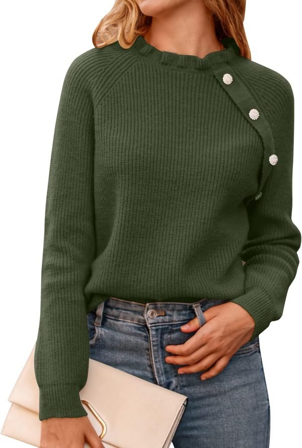 71BVyxDE-uL._AC_SL1500 Women's Sweaters Casual Long Sleeve Button Down Crew Neck Ruffle Knit Pullover Sweater Tops Solid Color Striped