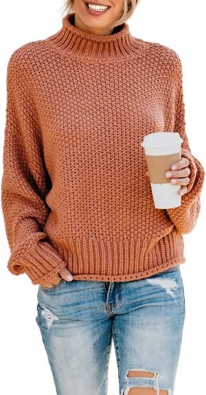 Womens 2024 Winter Fall Solid Turtleneck High Neck Balloon Long Sleeve Sweaters Pullover Outerwear