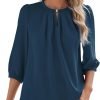 V Neck Puff 3/4 Length Sleeve Womens Tops Dressy Casual Chiffon Work Blouses Pleated T-Shirts Loose Fit S-XXL