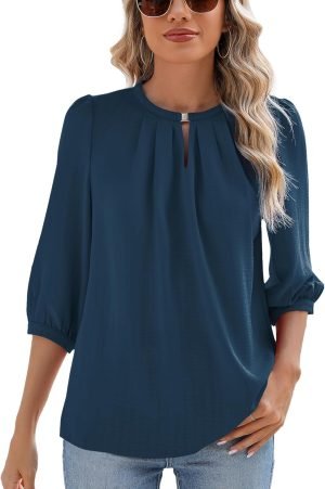 V Neck Puff 3/4 Length Sleeve Womens Tops Dressy Casual Chiffon Work Blouses Pleated T-Shirts Loose Fit S-XXL