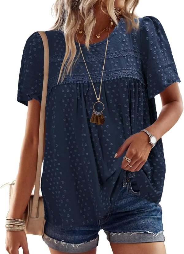 71CyrWqve2L._AC_SL1500 Womens Summer Tops Crewneck Short Sleeve Shirts Casual Chiffon Blouses Flowy Lace Hem Boho Clothing Trendy 2024
