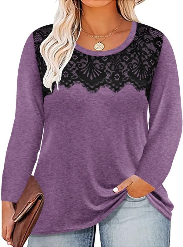 71D2Yp3jeRL._AC_SL1200 Plus Size Lace Tops for Women Long Sleeve Crewneck Pullover Fall T-shirts Tunics Basic Tees T-Shirts XL-5XL