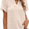 Womens White Chiffon Blouses Short Sleeve V Neck Shirts Summer Casual Polka Dot Tops