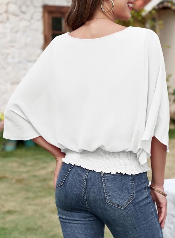 71DKaWDXfLL._AC_SL1500 Womens Solid Short Sleeve Boat Crew Neck Chiffon Blouses 3/4 Sleeve Casual Dressy Shirts Batwing Dolman Top Tunic