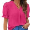 Women Dressy Casual Puff Short Sleeve Summer Tops V Neck Work Blouses