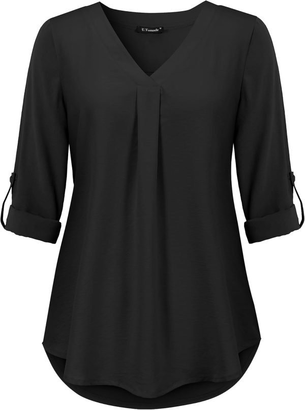 U.Vomade Women's 3/4 Cuffed Sleeve Chiffon V Neck Casual Shirts for Women S-XL