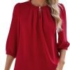 V Neck Puff 3/4 Length Sleeve Womens Tops Dressy Casual Chiffon Work Blouses Pleated T-Shirts Loose Fit S-XXL