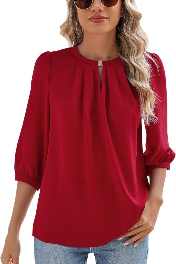 V Neck Puff 3/4 Length Sleeve Womens Tops Dressy Casual Chiffon Work Blouses Pleated T-Shirts Loose Fit S-XXL