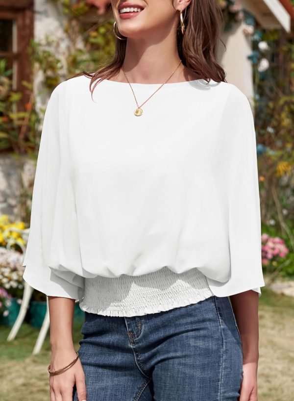71EORjvi-bL._AC_SL1500 Womens Solid Short Sleeve Boat Crew Neck Chiffon Blouses 3/4 Sleeve Casual Dressy Shirts Batwing Dolman Top Tunic