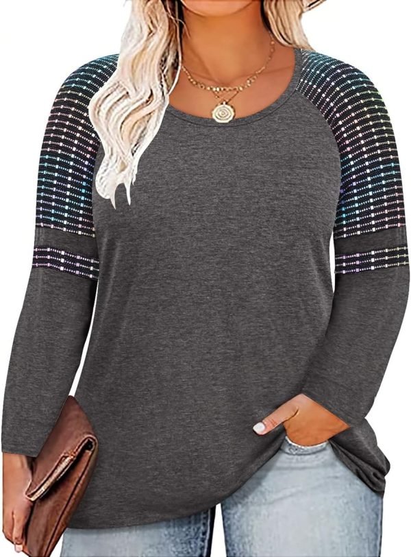 71EtXTZIPpL._AC_SL1200 Plus Size T Shirt for Women Long Sleeve Raglan Tops Tee Shirts Color Block Top Leopard Plaid Print XL-5XL 14W-28W