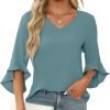 Chiffon Blouses for Women Ruffle 3/4 Sleeve Dressy V Neck Casual Flowy Tunic Tops