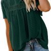 Womens Crewneck Lace Crochet Pom Pom Flowy Short Sleeve Casual Shirts Blouses Tops