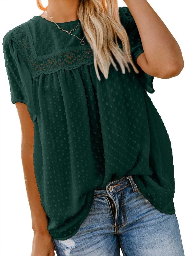 71FQ4FbW6vL._AC_SL1500 Womens Crewneck Lace Crochet Pom Pom Flowy Short Sleeve Casual Shirts Blouses Tops