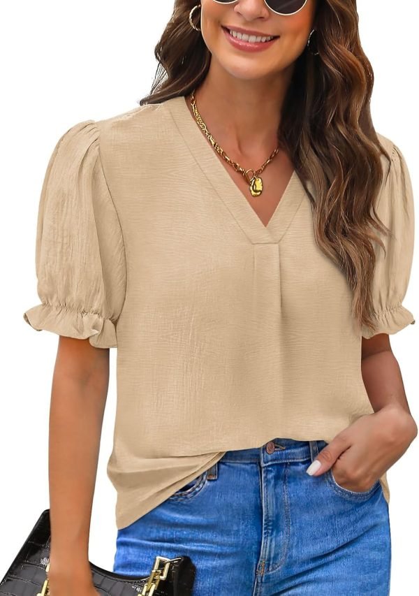 71H49L-m5iL._AC_SL1500 Women Dressy Casual Puff Short Sleeve Summer Tops V Neck Work Blouses