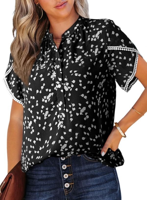 71HBoTxvBEL._AC_SL1500 Womens Tops Summer Casual Boho Floral Print Short Sleeve Half Button Down V Neck Chiffon Blouses Shirts