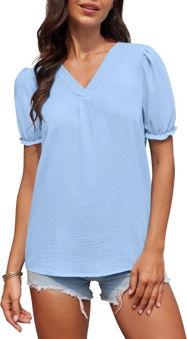 71Hpv5MzR0L._AC_SL1500 Women Dressy Casual Puff Short Sleeve Summer Tops V Neck Work Blouses