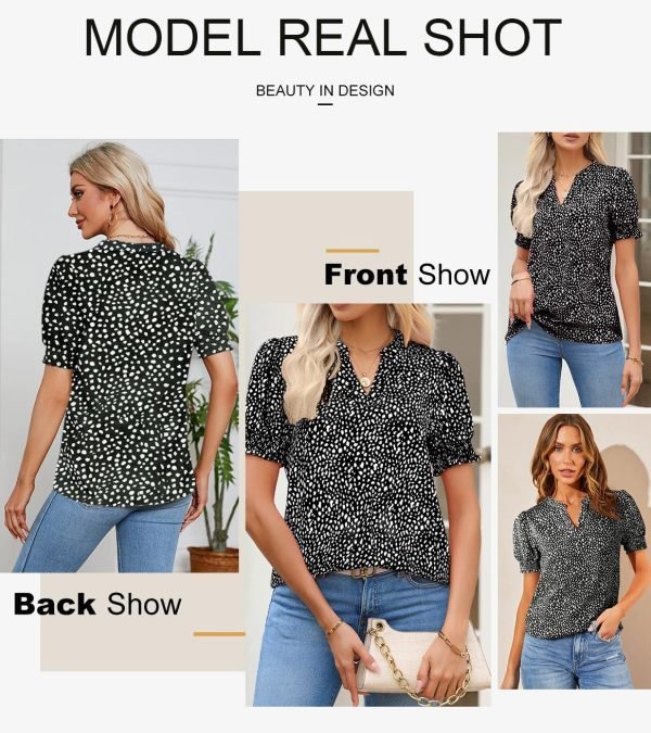 71IWkpEF5IL._AC_SL1309 Womens Fashion Blouses Notched V Neck Puffer Short Sleeve Shirt Polka Dot Tops Chiffon Dressy Shirts
