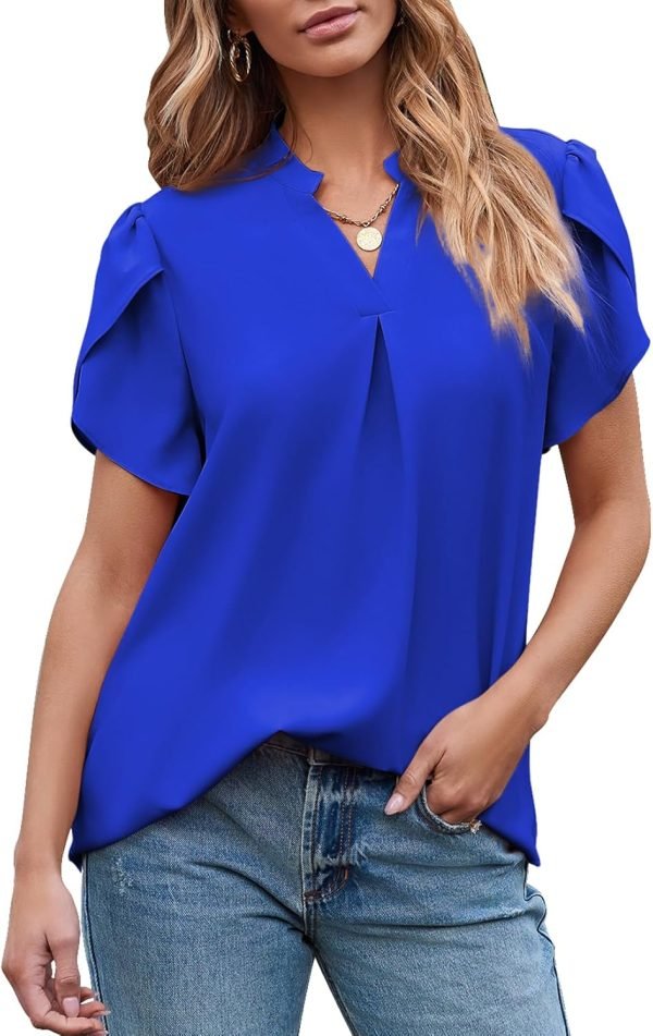 71IcuZFwjOL._AC_SL1500 Women's Dressy Casual Business Work Chiffon Blouses Tops Summer V Neck Cute Loose Petal Short Sleeve T-Shirts