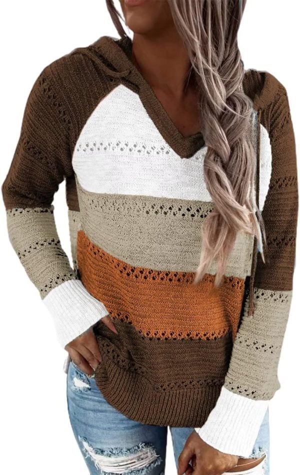 Women Color Block Hooded Crochet Striped Sweaters Lightweight Drawstring Hoodies Pullover Trendy Sweatshirts