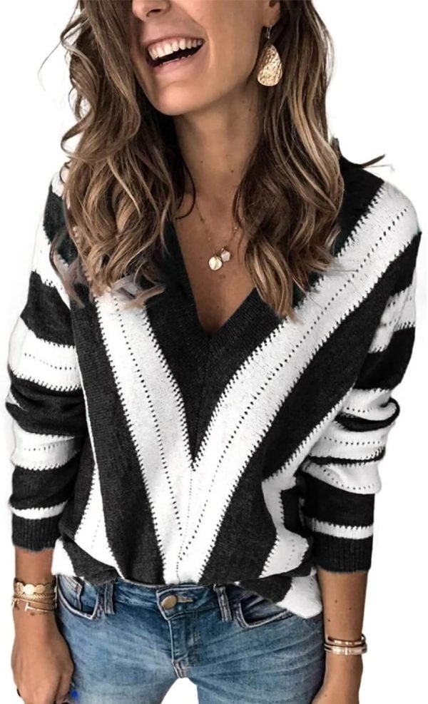 71JwxJh1euL._AC_SL1472 Womens 2024 Deep V Neck Sweaters Striped Long Sleeve Knit Pullover Sweaters for Women